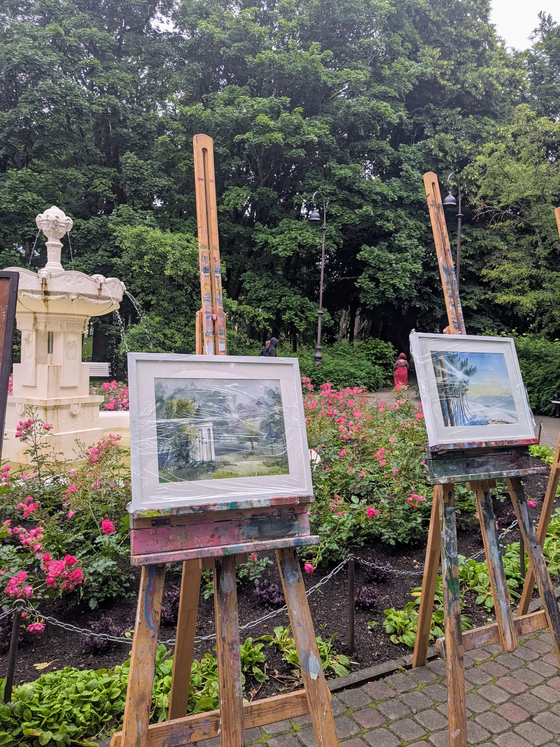 Paintings displayed on easels among roses in Liepāja Seaside Park