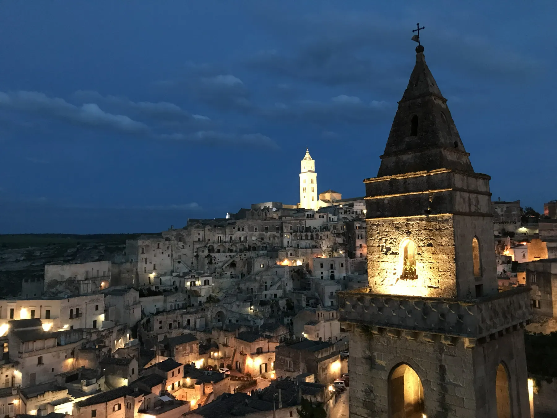 Matera's lit Sassi and cathedral ridge at night