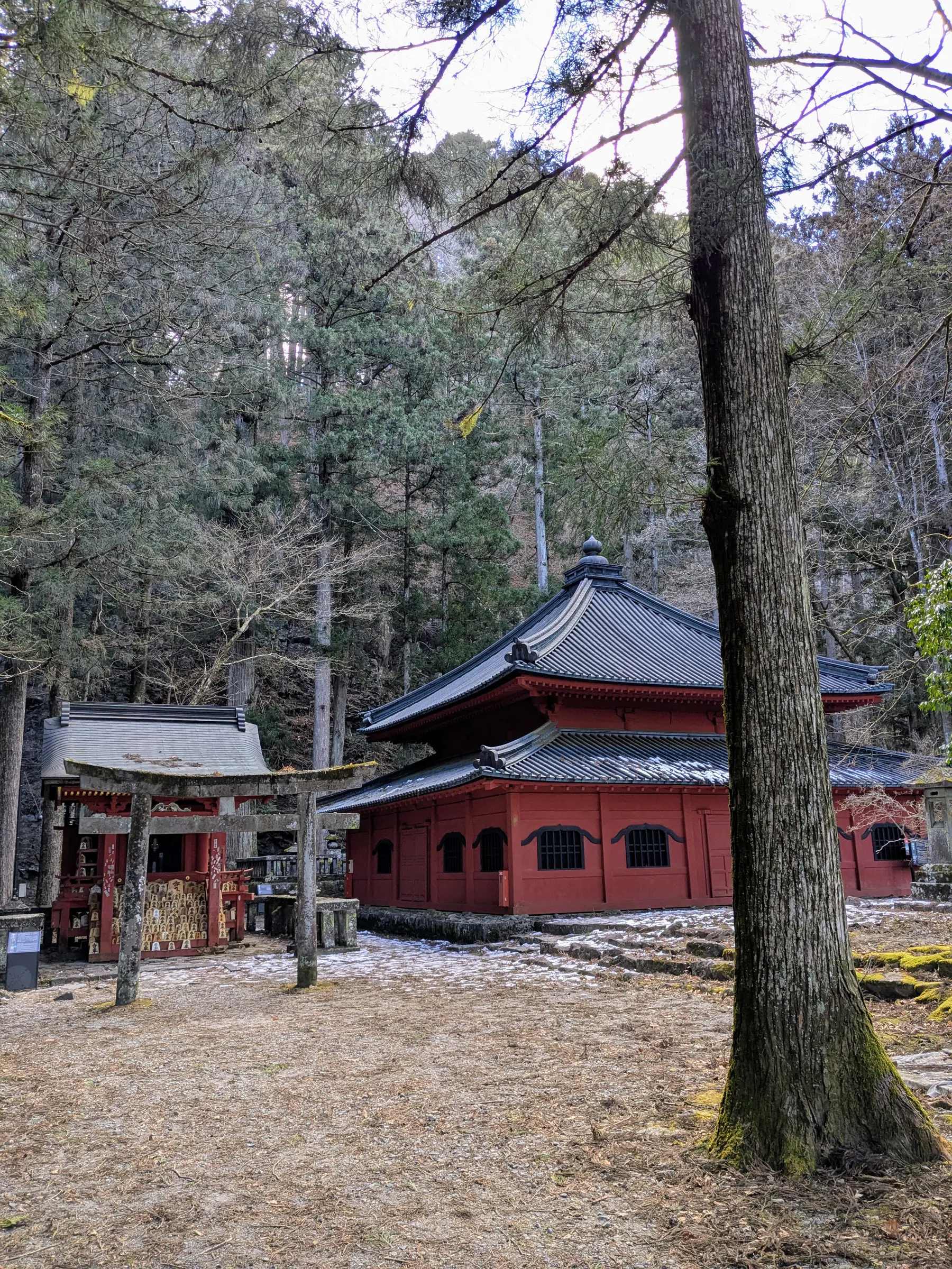 A red Nikko shrine building among the winter trees