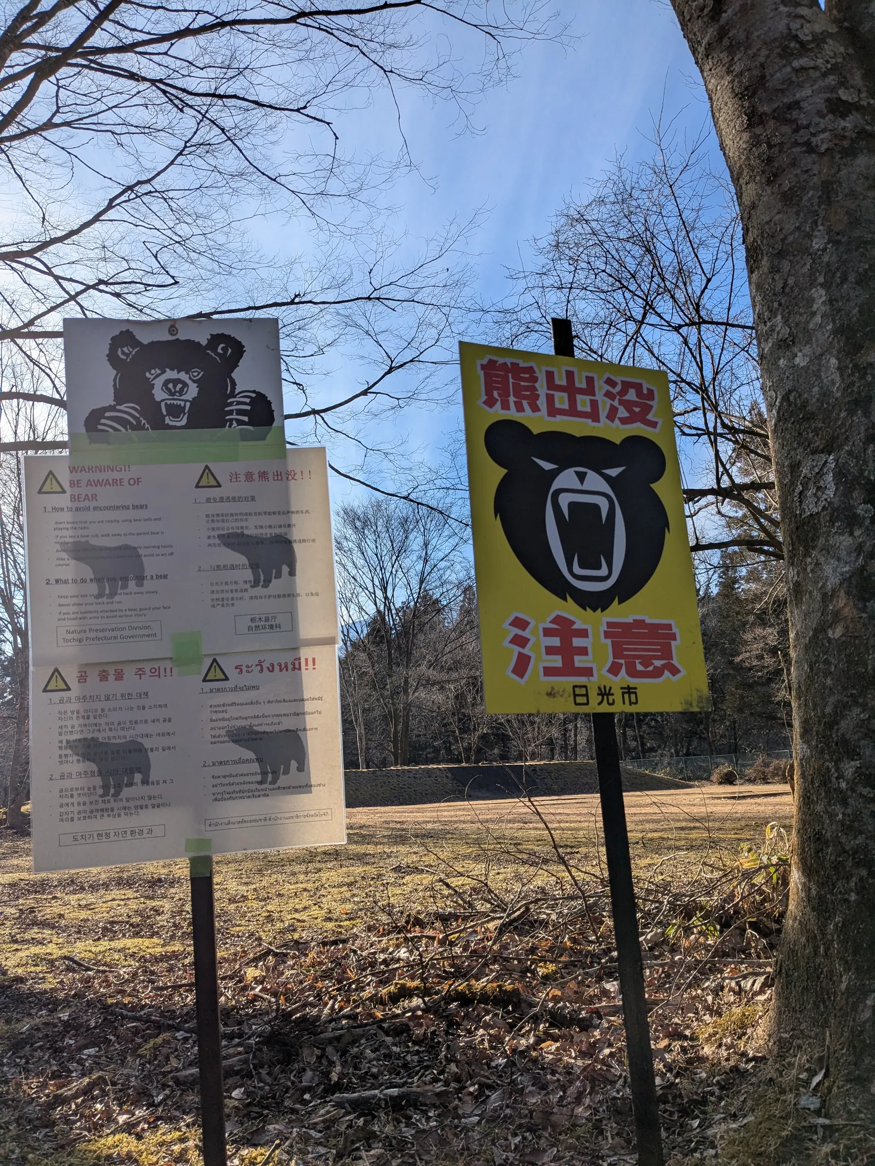A bear warning sign on a winter trail in Nikko