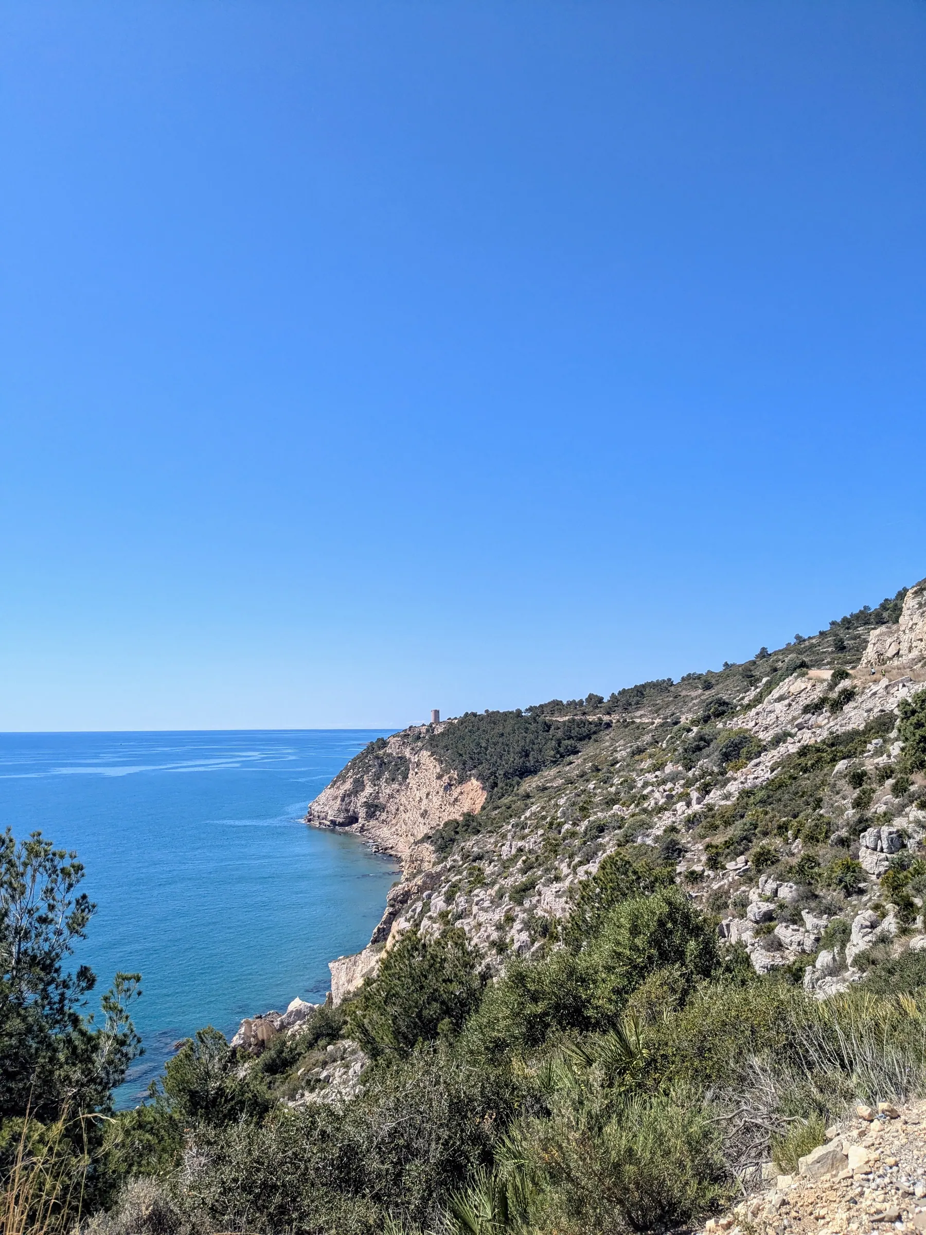 High rocky cliffs dropping into the blue Mediterranean in Sierra de Irta